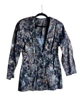 Vintage 80s Women's Gothic Colorful Jacquard Floral Black Blazer/ Dress Size M